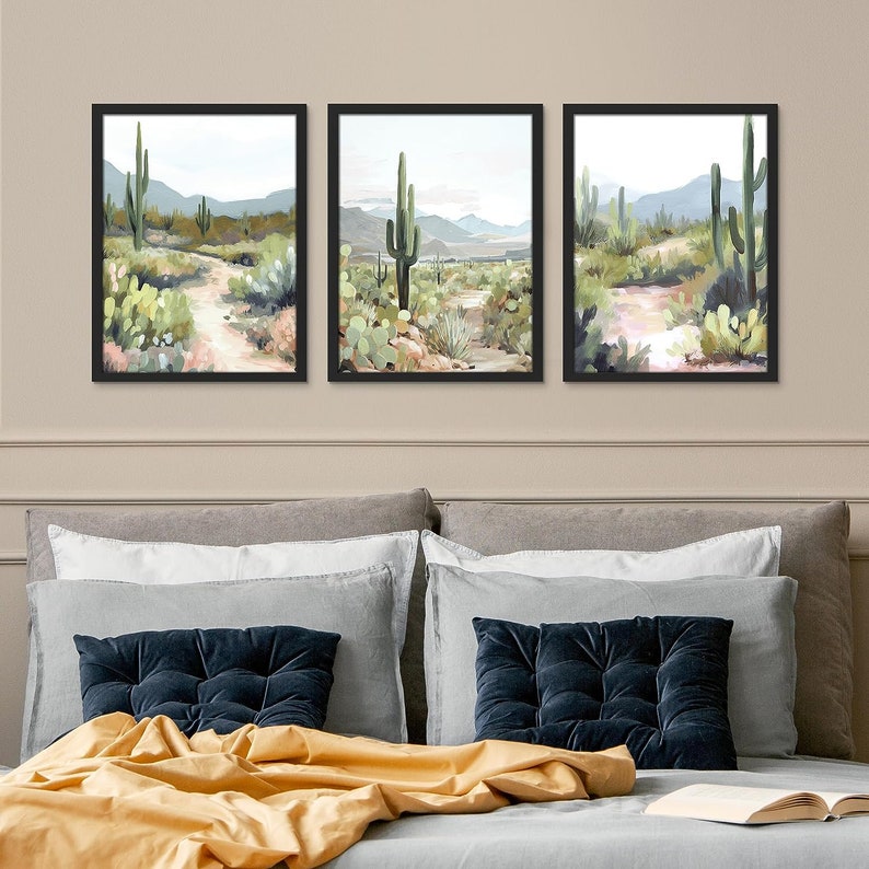 Framed Prints Wall Art Set of 3, Joshua Tree Cactus Desert Landscape ...