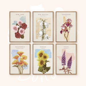 Watercolor State Flower Variety, United States, Landmark Wall Art, New York, Modern Minimalist Artwork, Botanical Flower Art Print, Set of 6