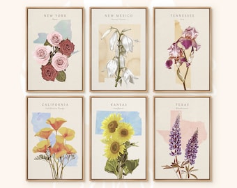 Watercolor State Flower Variety, United States, Landmark Wall Art, New York, Modern Minimalist Artwork, Botanical Flower Art Print, Set of 6