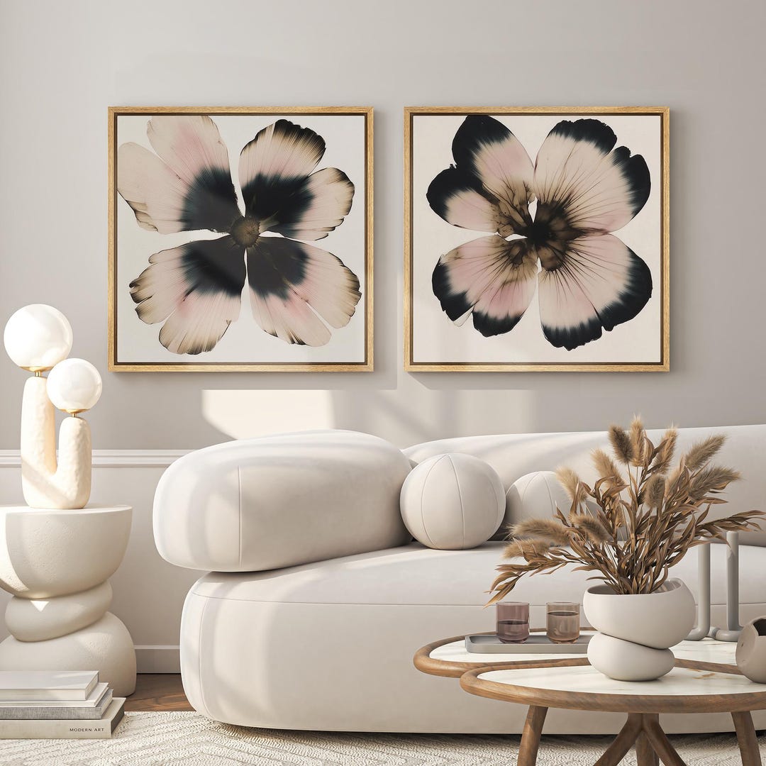 Modern Floral Wall Art Set of 2, Framed Pink & Black Abstract Flower ...