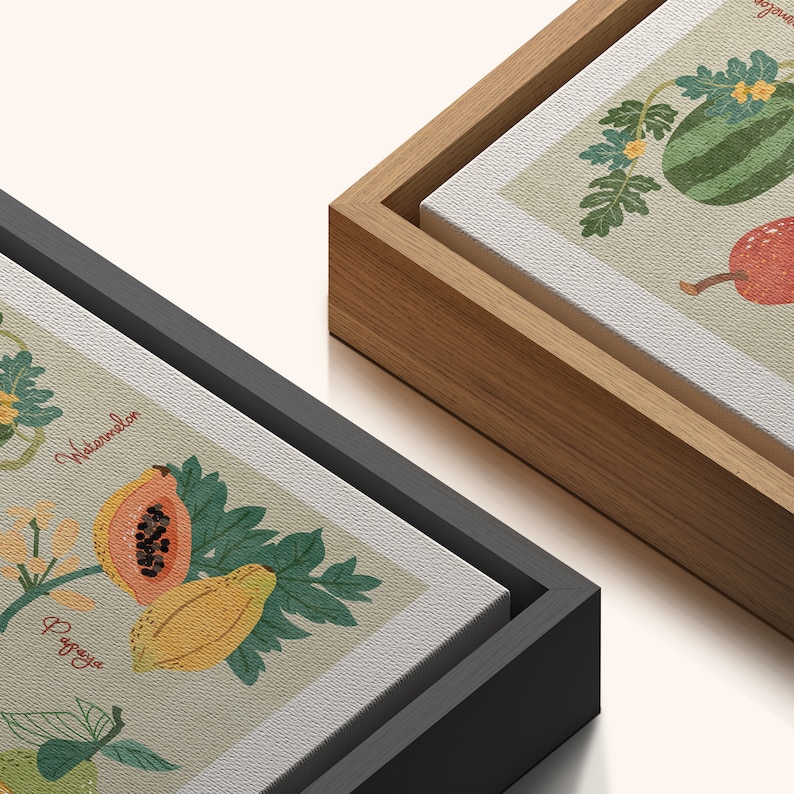 May include: Two framed canvas prints with illustrations of fruits. The left print features a papaya and a watermelon with the words "Papaya" and "Watermelon" written on the print. The right print features a watermelon and a red fruit with green leaves.