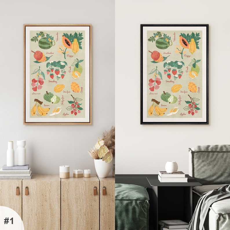 May include: Two framed prints of colorful illustrations of various fruits with their names written below each fruit. The prints are on a light beige background and have black frames.