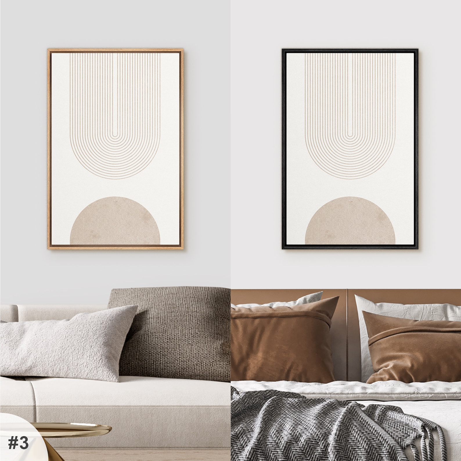 Framed Canvas Wall Art Set of 3 Geometric Beige Spiral Wave Mid Century ...