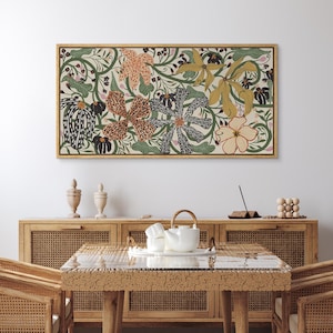 Arte mural botánico abstracto de gran tamaño: impresión en lienzo con flores enmarcadas, decoración bohemia moderna de mediados de siglo, pintura horizontal de naturaleza para sala de estar.