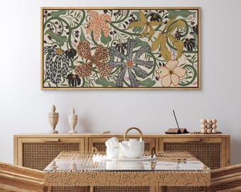 Large Abstract Botanical Wall Art - Framed Flower Canvas Print, Mid Century Modern Boho Decor, Horizontal Nature Painting for Living Room