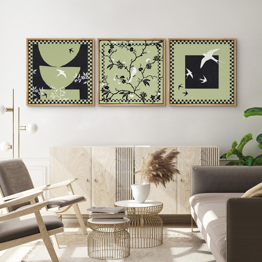 Framed Canvas Wall Art Prints Set of 3 Abstract Sage Green Wildflower ...