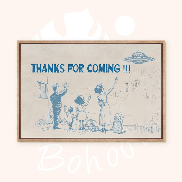 Thanks For Coming Print, Vintage UFO Farewell Poster, Whimsical Sci-Fi Entryway Decor, Cute Retro Quote Art, Framed Canvas Blue Wall Art