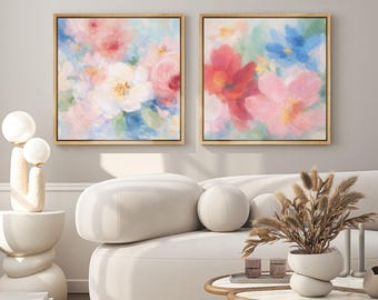 Pastel Floral Wall Art Set of 2, Framed Soft Impressionist Flower Canvas Print, Romantic Blush Blue Botanical Decor for Living Room