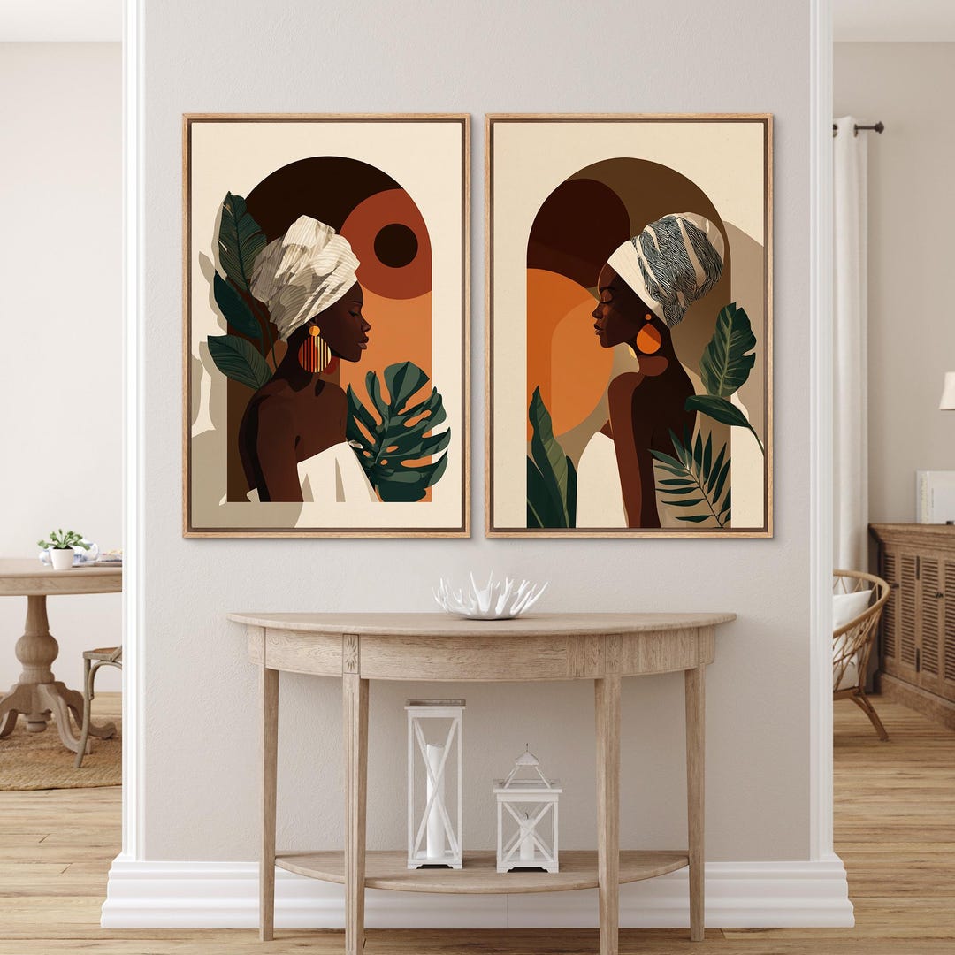 African Woman Framed Wall Art Set of 2, Boho Tropical Portrait Canvas ...