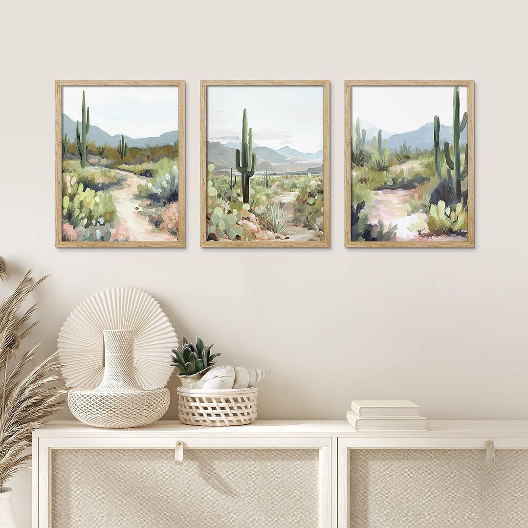 Framed Prints Wall Art Set of 3, Joshua Tree Cactus Desert Landscape ...
