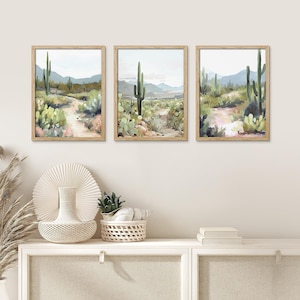 Framed Prints Wall Art Set of 3, Joshua Tree Cactus Desert Landscape Prints, Floral Botanical Prints, Modern Art Prints, Western Decor