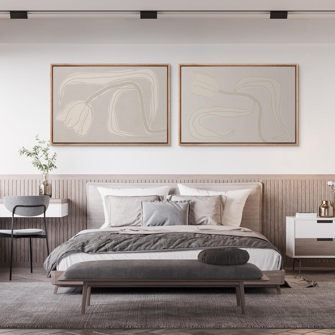 Framed Neutral Tulip Line Art Wall Art Set of 2, Abstract Floral Canvas ...