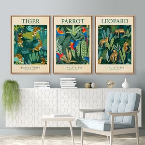 Framed Canvas Wall Art Prints Set of 3 Green Botanical Flower Wilderness Art Print Mid-Century Modern Nature Wall Art Decor