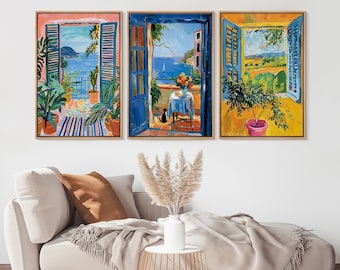 Framed Canvas Wall Art Set of 3 Abstract Window Landscape Oil Painting Printed Mid Century Modern Boho Wall Art Living Room Decor