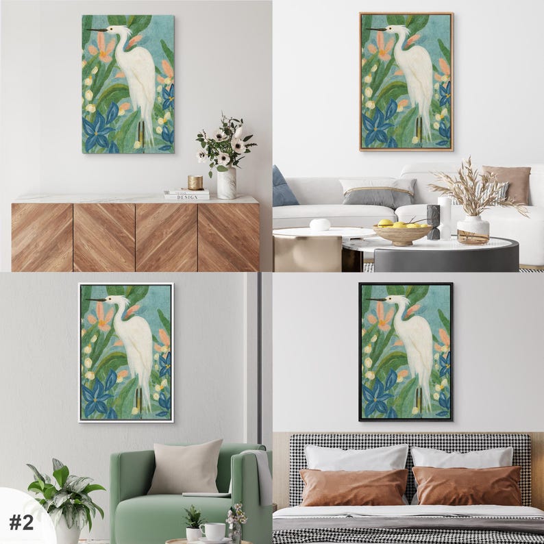 White Egret Wall Art - Set of 2 Framed Tropical Bird & Floral Canvas Prints, Coastal Botanical Decor for Beach House or Living Room image 6