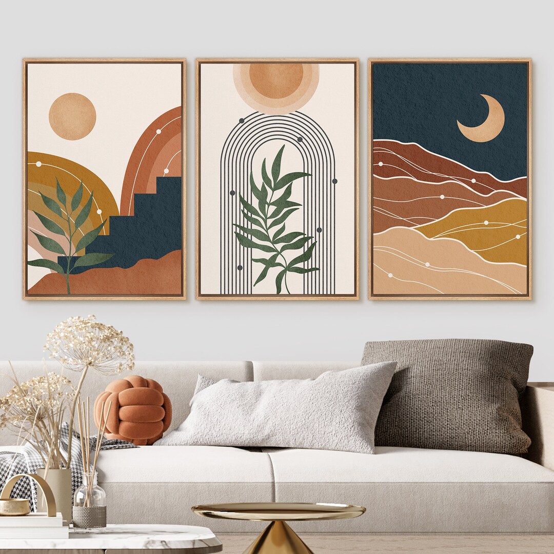 Framed Wall Art Set of 3 Sun Moon Tropical Plant Prints Nature Mountain ...