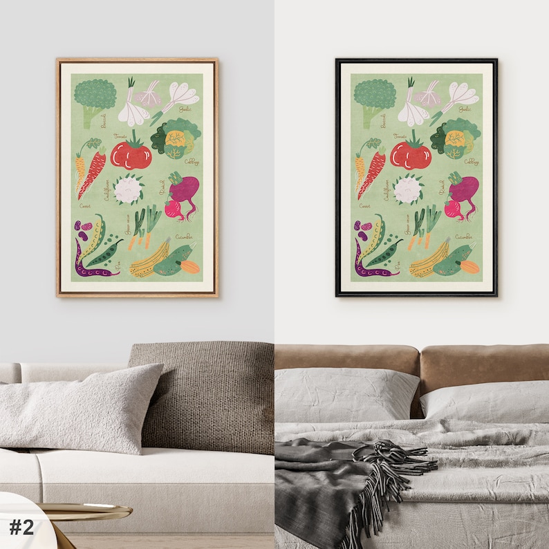 May include: Two framed prints of a green background with illustrations of various vegetables, including broccoli, garlic, cauliflower, carrots, tomatoes, and cucumbers. The text on the prints includes the names of the vegetables.