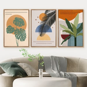 Framed Canvas Wall Art Prints Set of 3 Abstract Palm Leaf Botanical Flower Artwork Art Mid-Century Modern Boho Wall Art Living Room Decor