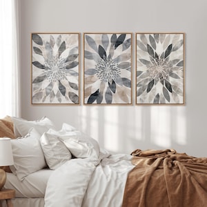 Framed Canvas Wall Art Prints Set of 3 Abstract Geometric Flower Artwork Illustration Minimalist Mid Century Modern Boho Wall Decor