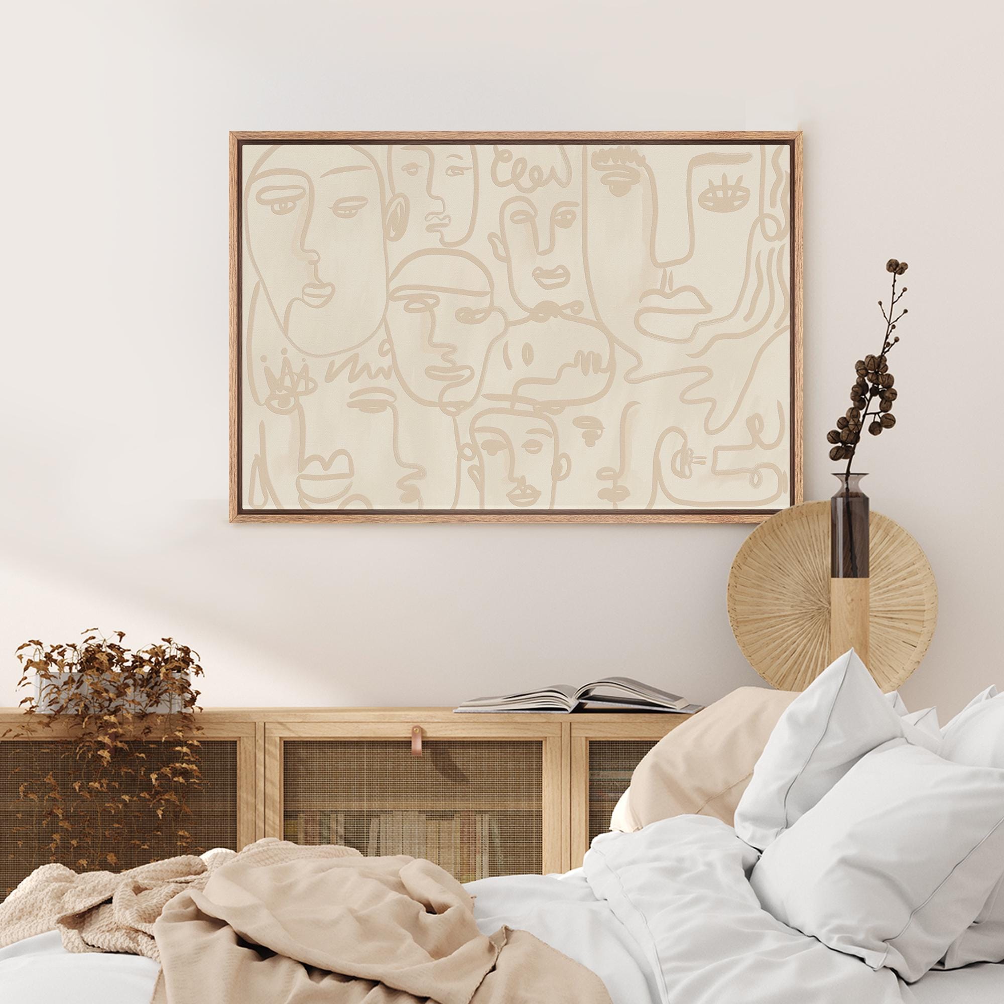 Abstract Faces Line Wall Art - Framed Minimalist Beige Canvas Print ...