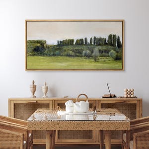 Framed Canvas Large Wall Art Vintage Green Woodland Filed Landscape Art Printed Panoramic Wall Art Minimalist Modern Nature Wall Decor