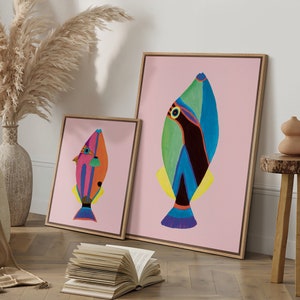 Framed Canvas Wall Art Set of 2 Abstract Colorful Fish Painting Printed, Rainbow Fish Art, Bright Eclectic Wall Art
