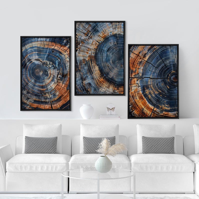 Framed Canvas Prints Set of 3 Abstract Wood Tree Rings Wall Art Vintage