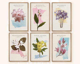 Watercolor State Flower Variety, United States, Landmark Wall Art, Washington, Modern Minimal Artwork, Botanical Flower Art Print, Set of 6