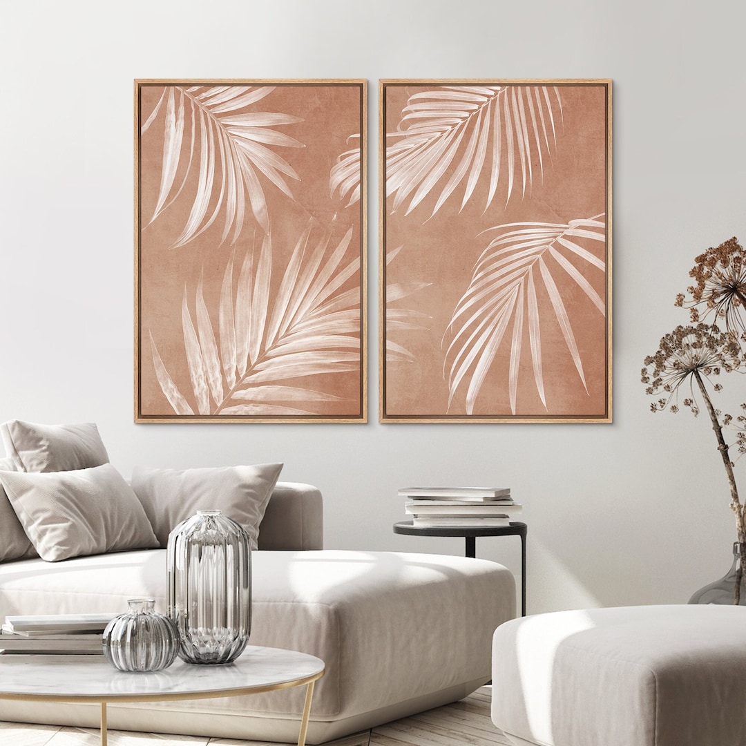 Framed Canvas Wall Art Print Set Hawaiian Palm Tree Leaf Mid-century ...