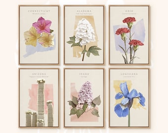 Watercolor State Flower Variety, United States, Landmark Wall Art, Arizona, Modern Minimalist Artwork, Botanical Flower Art Print, Set of 6