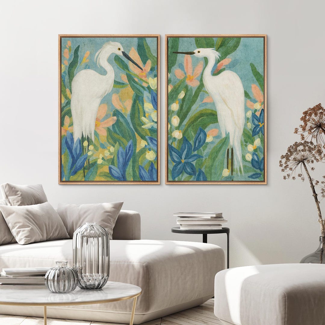 White Egret Wall Art - Set of 2 Framed Tropical Bird & Floral Canvas Prints, Coastal Botan