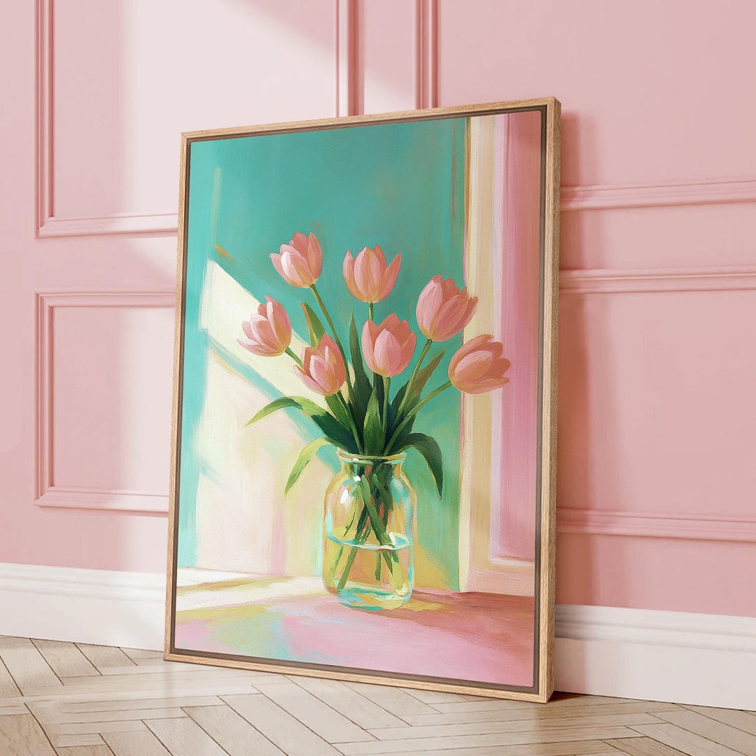 Pink Tulips Wall Art - Framed Floral Still Life in Glass Vase, Sunlit ...