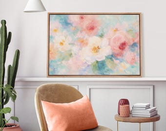Pastel Floral Wall Art, Framed Impressionist Blush Blue Flower Canvas Print, Romantic Botanical Decor for Living Room, Gift for Mom