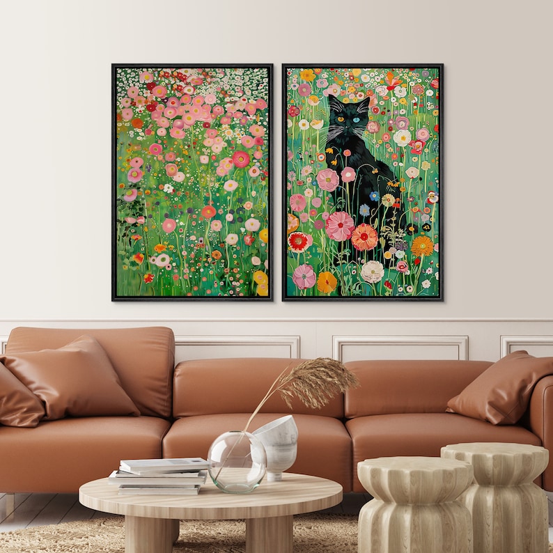 2 Pieces Framed Canvas Wall Art Gustav Klimt Black Cat in Wildflower ...
