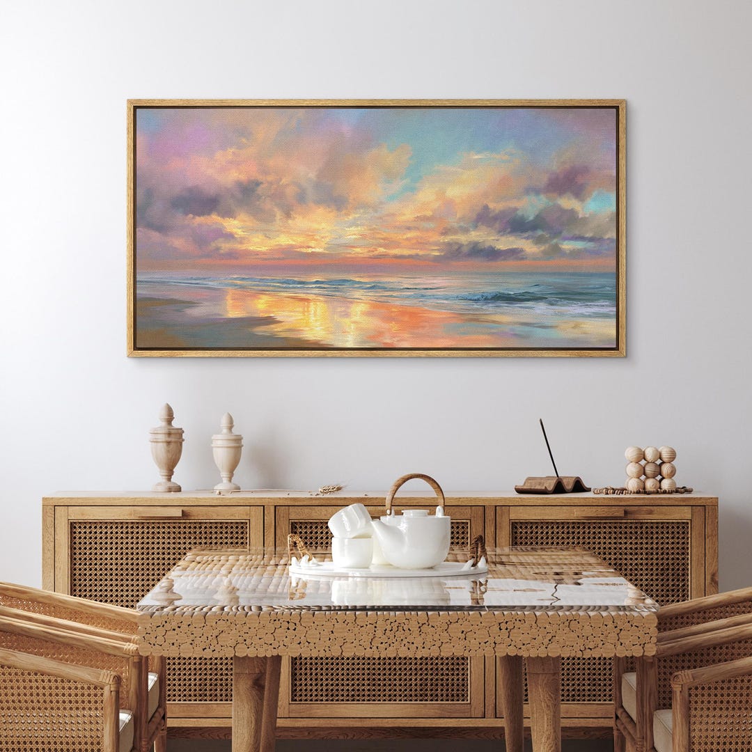 Colorful Ocean Sunset Wall Art, Large Framed Pastel Sky Seascape Canvas ...
