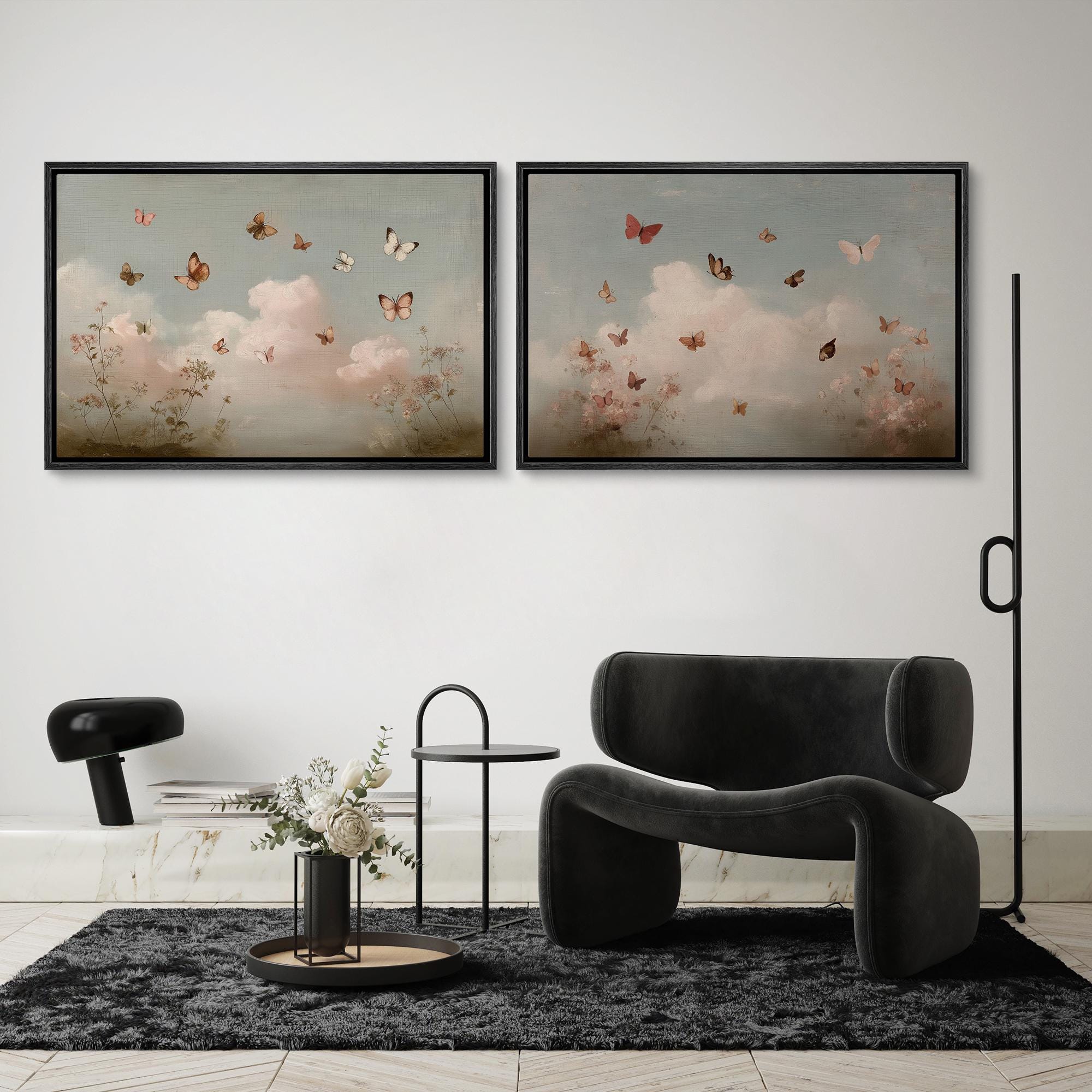 Butterfly Wall Art Set of 2, Framed Romantic Pastel Sky & Flower Canvas ...