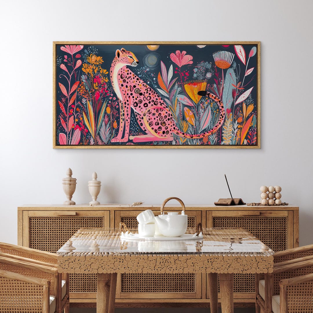 Pink Leopard Wall Art, Large Framed Floral Jungle Canvas Print, Vibrant ...