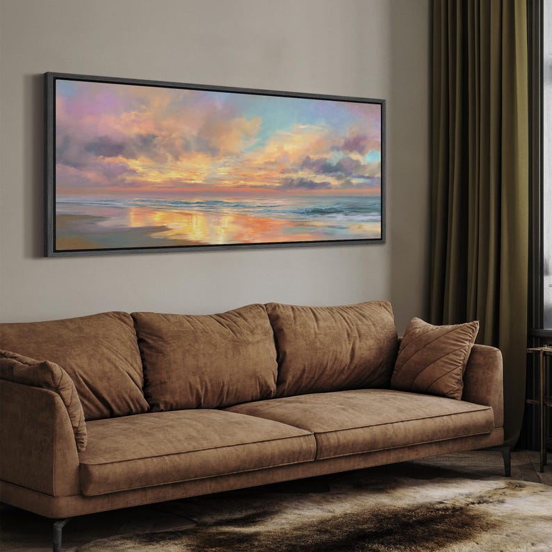 Colorful Ocean Sunset Wall Art, Large Framed Pastel Sky Seascape Canvas ...