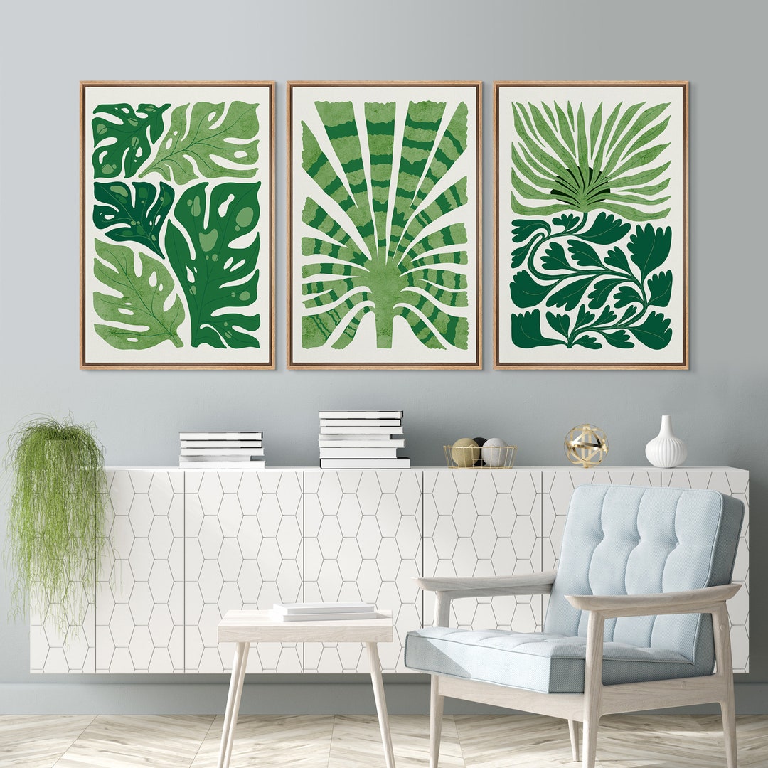 Tropical Leaf Wall Art, Framed Canvas Botanical Prints Set of 3, Sage ...