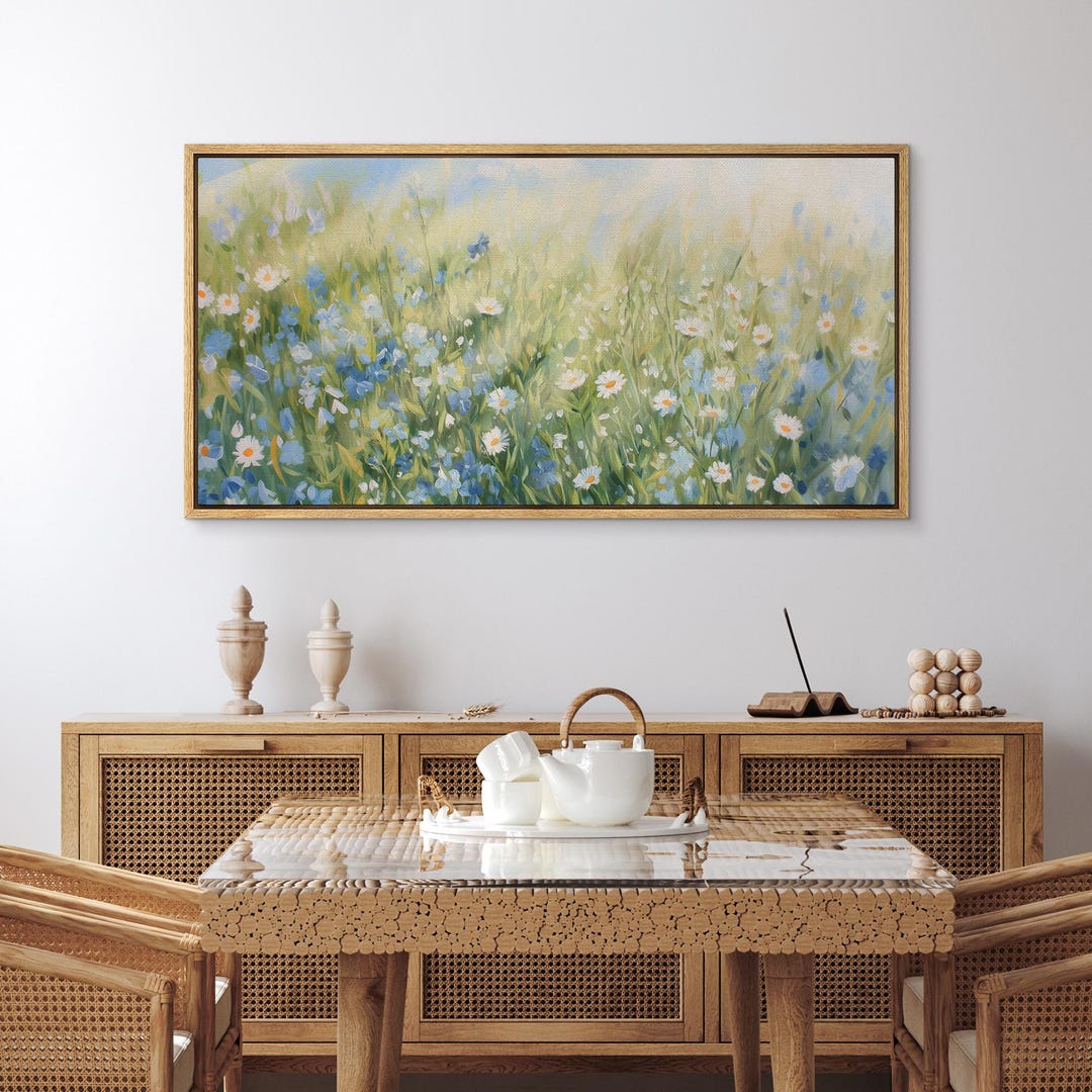 Wildflower Meadow Wall Art, Large Framed Blue & White Floral Field ...