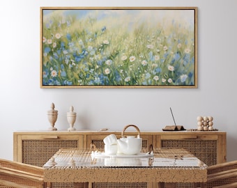 Wildflower Meadow Wall Art, Large Framed Blue & White Floral Field Canvas Print, Soft Botanical Landscape Decor for Living Room or Bedroom