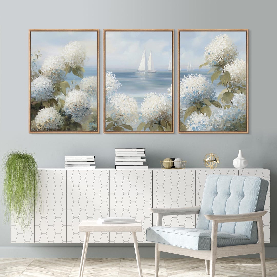 Hydrangea & Sailboat Triptych - Set of 3 Framed Coastal Canvas Prints, Romantic Floral and Ocean Wall Art, Summer Nautical Beach House Decor - 16x24x1.5 In, Wood