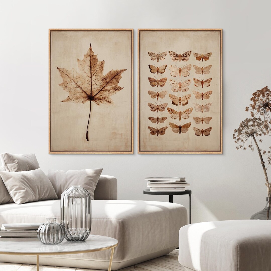 Botanical Leaf & Moth Wall Art Set of 2, Framed Vintage Nature Canvas ...