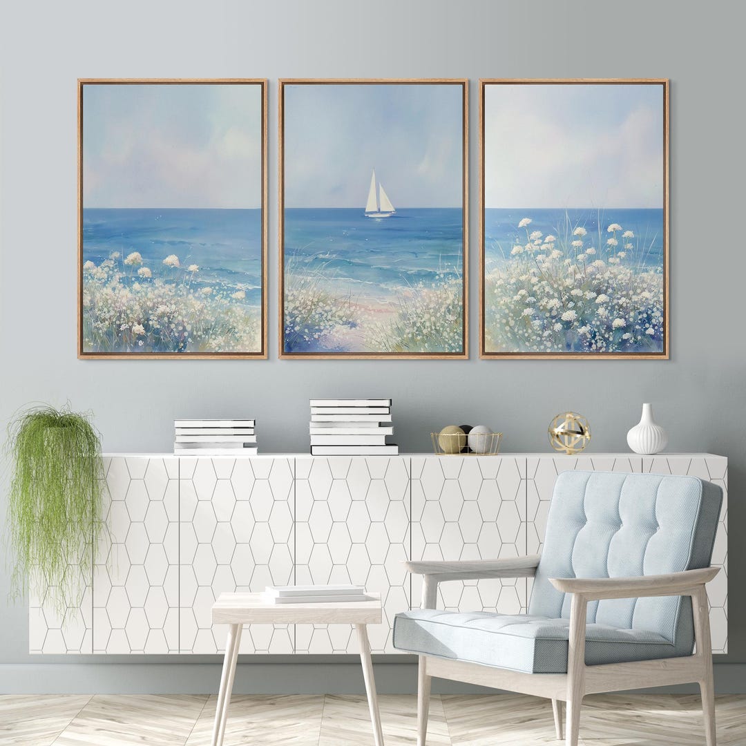 Framed Ocean Sailboat Wall Art Set of 3, Blue Beach Seascape With ...
