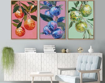 Disco Ball Fruit Wall Art Set of 3 - Framed Colorful Pop Art Canvas Prints, Vibrant Orange, Blueberry & Apple for Kitchen or Living Room