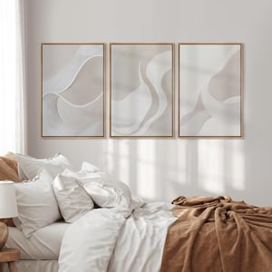 Framed Canvas Wall Art Prints Set of 3 Abstract Soft Calm White Art Print Minimalist Modern Neutral Art Living Room Wall Decor