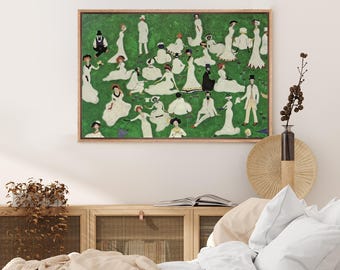 Framed Canvas Wall Art Abstract Green Gathering Party in Grass Art Prints Vintage Minimalist Modern Wall Art Living Room Decor