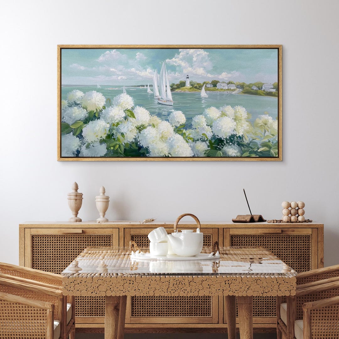 Large Framed White Hydrangea Ocean Scene Wall Art, Coastal Sailboats & Lighthouse Canvas Print, Summer Nautical Beach House Decor - 16"x 24", Set of 3 - Natural