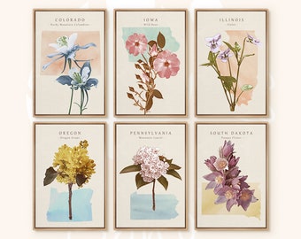 Watercolor State Flower Variety, United States, Landmark Wall Art, Colorado, Modern Minimalist Artwork, Botanical Flower Art Print, Set of 6