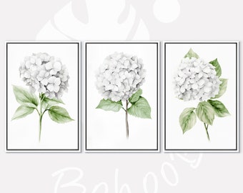 Botanical Print, White Flower Wall Art, White Flower Painting, Flower Market Print, Framed Canvas Print Wall Art Set of 3